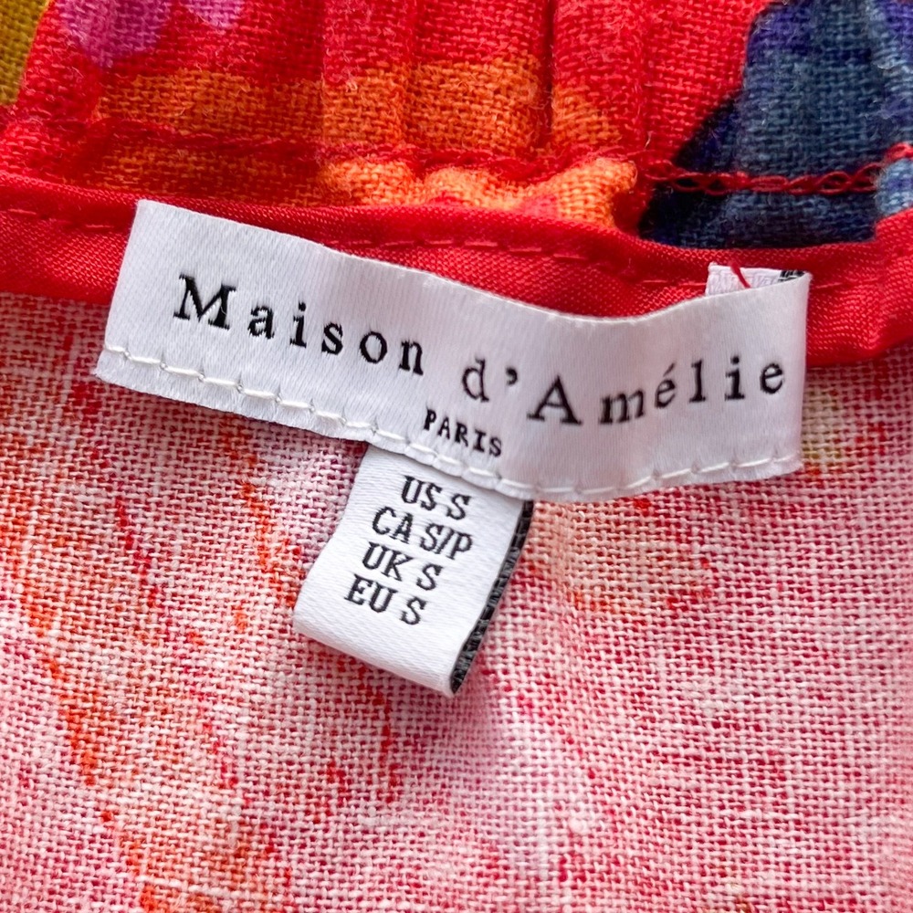 Maison d'Amelie Paris Linen Blend Tropical Tiered Midi Skirt Small Red Multi - Picture 12 of 13